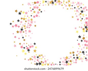 Elegant black pink gold stars random vector illustration. Many stardust spangles Christmas decoration confetti. Isolated stars random backdrop. Spangle confetti poster decor.