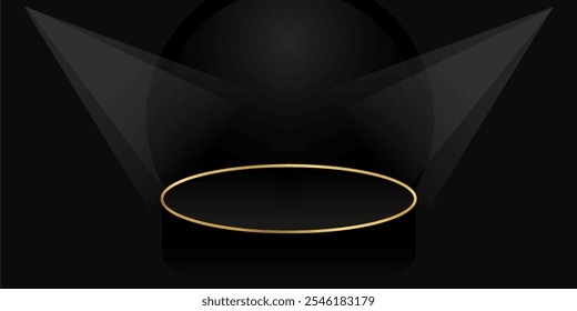 Elegant black podium with gold trim illuminated by spotlights.  podium dark background product podium background  podium 3d