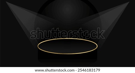 Elegant black podium with gold trim illuminated by spotlights.  podium dark background product podium background  podium 3d