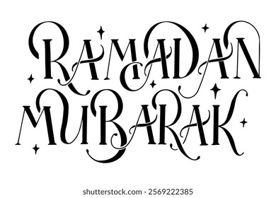 Elegant black Ramadan Mubarak lettering with decorative swirls and small star accents. Vector hand drawn illustrations isolated on white background. Hand drawn calligraphy