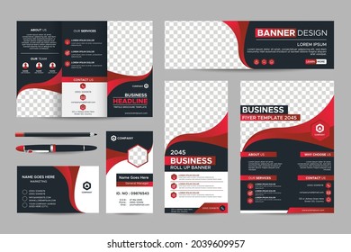 Elegant Black and Red Business Stationery Template set for Company Brand. Trifold brochure, Web banner, Roll up banner, Flyer, Business Card, Name Card, Id. Corporate printable layout with CMYK design