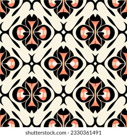 Elegant black and red pattern on a white background, combining art nouveau and art deco influences, creating a seamless and captivating pattern design.