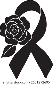 Elegant black ribbon with rose detailing symbolizing hope and remembrance for Breast Cancer Awareness, suitable for cards, posters, and medical campaign use