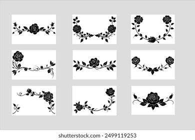 Elegant black rose floral border silhouette vector illustration. Perfect for design projects, tattoos, invitations, and decorative art. High-quality, detailed, and stylish
