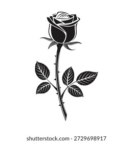 Elegante schwarze Rosengrafik mit detaillierten Blütenblättern und reichem Kontrast in einem raffinierten monochromen Stil. Dieses anspruchsvolle florale Kunstwerk ist ideal für Luxusmarken, Gothic Themes, Tattoo Konzepte, Modegrafiken und künstlerische Ausdrucke.