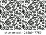 Elegant black rose pattern on a white background, featuring classic floral design with bold contrasts. Perfect for prints, textiles, and romantic-themed decor.