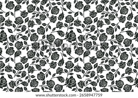 Elegant black rose pattern on a white background, featuring classic floral design with bold contrasts. Perfect for prints, textiles, and romantic-themed decor.
