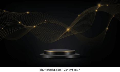 Elegant black round podium on dark background with golden glowing wave lines. Perfect for product display or award ceremony concept.
