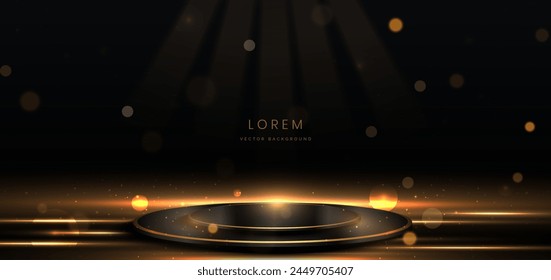 Elegant black scene with golden glowing lighting effect sparkle on black background. Template circle podium premium award design. Vector illustration