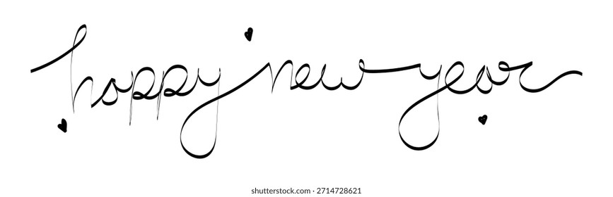 Elegant black script calligraphy spelling happy new year adorns a white background featuring delicate heart accents perfect for seasonal greetings and festive digital decoration.