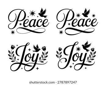 Elegant black script lettering displays the words Peace and Joy with ornamental elements like doves stars roses and leaves