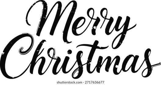 Elegant black script lettering spelling "Merry Christmas" with a grunge, distressed effect, isolated on a white background for holiday designs and greetings.