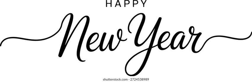Elegante texto de guion negro deseando un Feliz Año Nuevo, perfecto para saludos de vacaciones y celebraciones de temporada.