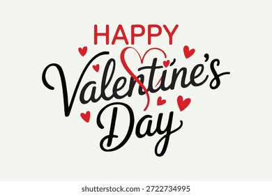 Elegant black script typography spelling out 'Happy Valentine's Day' decorated with small red hearts. Perfect for Valentine's Day cards, social media posts, or romantic designs.