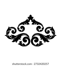 Elegante diseño de volutas negras con hojas simétricas, acento decorativo vintage para páginas.