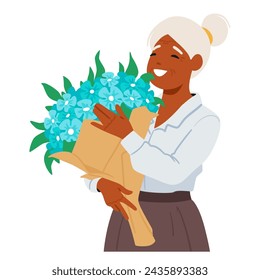 Elegant Black Senior Woman Character Cradles A Vibrant Bouquet of Bright Blue Flowers, Radiating Joy. Old Lady Getting Gift, Enjoying the Beauty of Nature In Her Hands. Cartoon Vector Illustration