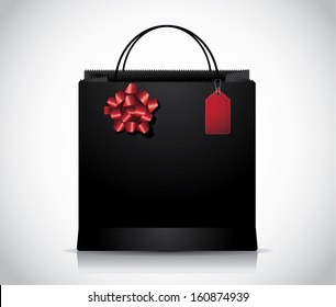 Elegant black shopping bag with sales tag and red bow. EPS 10 vector, grouped for easy editing. No open shapes or paths.