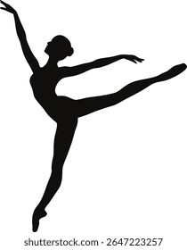 Elegante silhueta preta de uma bailarina em arabesco posam contra um fundo branco, mostrando a graça e a arte do balé.