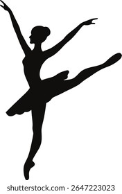 Silhueta preta elegante de uma bailarina em uma pose graciosa com braços levantados e uma perna estendida. Graciosa e equilibrada.