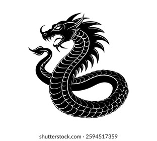 Elegant Black Silhouette Coiled Dragon Illustration