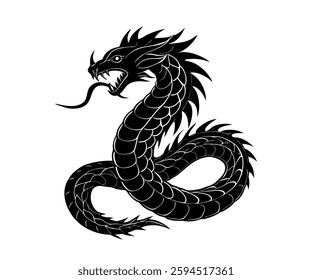 Elegant Black Silhouette Coiled Dragon Illustration