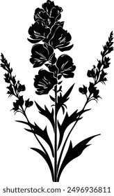 Elegant black silhouette of a delicate floral arrangement with graceful stems and lush foliage