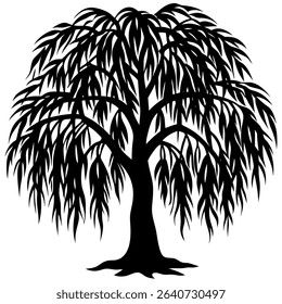 An elegant black silhouette depicts a graceful weeping willow tree, isolated against a pristine white background.
