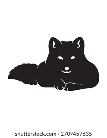 Elegante silueta negra de un zorro acostado con las patas delanteras cruzadas y la cola enrollada alrededor de su cuerpo. Diseño de Vector minimalista con ojos blancos visibles y nariz para contrastar. Ideal para la vida silvestre 