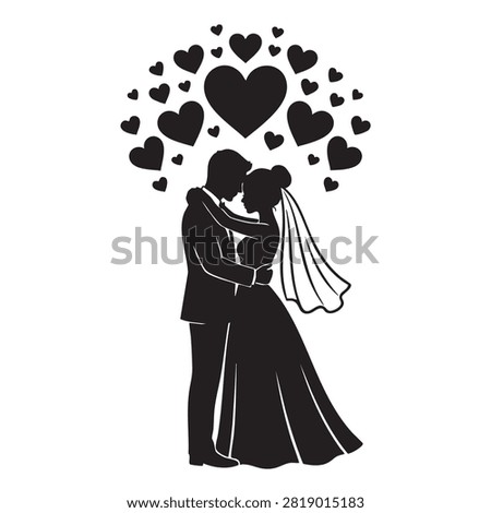 Elegant black silhouette graphic featuring bridal couple standing in loving embrace with bride wearing veil and groom in suit surrounded by floating heart icons representing affection and romance perfect for wedding invitation designs anniversary cards romantic prints or event decoration graphics.