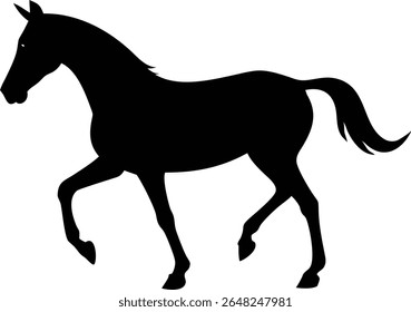 Elegante silhueta preta de um cavalo andando com movimento gracioso no fundo branco