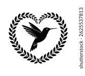 Elegant Black Silhouette of Hummingbird in Heart-Shaped Laurel Wreath Vector Illustration