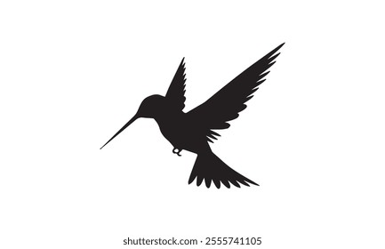 Elegant black silhouette of a hummingbird mid-flight on a white background, ideal for nature, design, or artistic concepts.