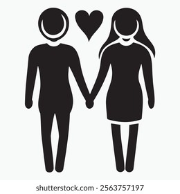 Elegant black silhouette icon of a couple holding hands with a heart floating above, symbolizing romance, affection, and unity in a minimalist style.