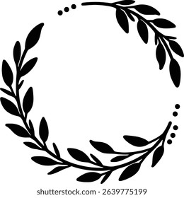 A elegant black silhouette illustration of a circular laurel wreath design, composed of two curving branches with leaves. The branches meet at the top and bottom with subtle dot accents, forming 