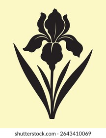 Elegant black silhouette of an iris flower on a pale yellow background.