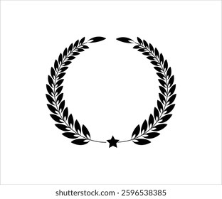 An elegant black silhouette of a laurel wreath encircling a star on a white background. Perfect for designs symbolizing victory, honor, achievement, or a minimalist decorative element.