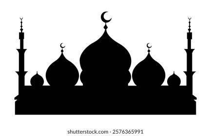 Elegant black silhouette of a mosque with crescent-topped domes and minarets on a white background. Ideal for Islamic and cultural projects.