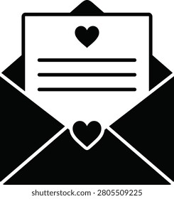 Elegant black silhouette of an open envelope containing a love letter with heart symbols, representing romance, emotional communication, and personal correspondence. Ideal for Valentine's Day designs, wedding materials, greeting cards, messaging apps, and relationship-themed marketing projects.