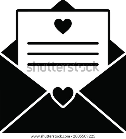 Elegant black silhouette of an open envelope containing a love letter with heart symbols, representing romance, emotional communication, and personal correspondence. Ideal for Valentine's Day designs, wedding materials, greeting cards, messaging apps, and relationship-themed marketing projects.