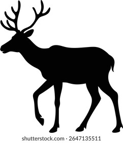 Elegant black silhouette of a reindeer with large antlers walking across a white background