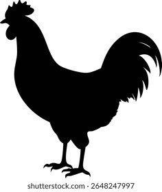 Elegante silhueta preta de um galo de pé orgulhosamente em um fundo branco limpo