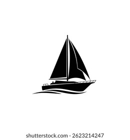 Elegant Black Silhouette Of A Sailing Yacht On Water Against White Background
