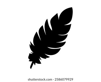 Elegant Black Silhouette of Single Feather Isolated on White Background. Concept of Nature Art, Minimalist Design, Elegant Plumage, Graphic Element for Decor, Icon, Wildlife Illustration, Bird Feather