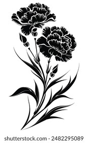 Elegant black silhouette of two carnations on a stem with leaves and buds, showcasing the timeless beauty of nature. Ideal for projects and decor