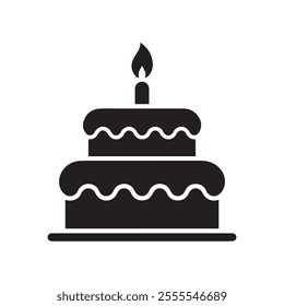 Elegant black silhouette vector of a two-tiered birthday cake with wavy frosting and a single candle, perfect for celebrations, party designs, greeting cards, and decorative projects.