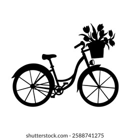 Elegant black silhouette of a vintage bicycle with a flower basket full of tulips. Perfect for logos, prints, stickers, greeting cards, posters, and creative designs. Ideal for retro, floral, and roma