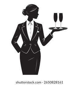 Silhueta preta elegante de uma garçonete ou anfitriã servindo champanhe em uma bandeja