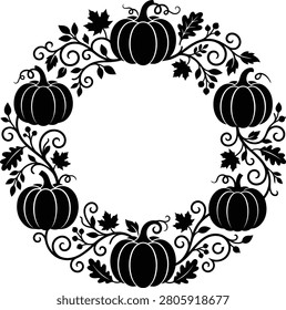 Elegant black silhouette wreath featuring pumpkins and foliage, ideal for Halloween themed designs, autumn decorations, and festive invitations.