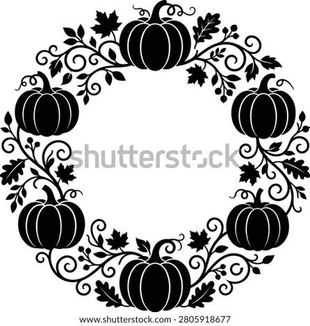 Elegant black silhouette wreath featuring pumpkins and foliage, ideal for Halloween themed designs, autumn decorations, and festive invitations.