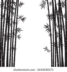Elegant black silhouettes of bamboo stalks create a serene border against a clean white background. Perfect for design projects needing a touch of Asian-inspired tranquility.